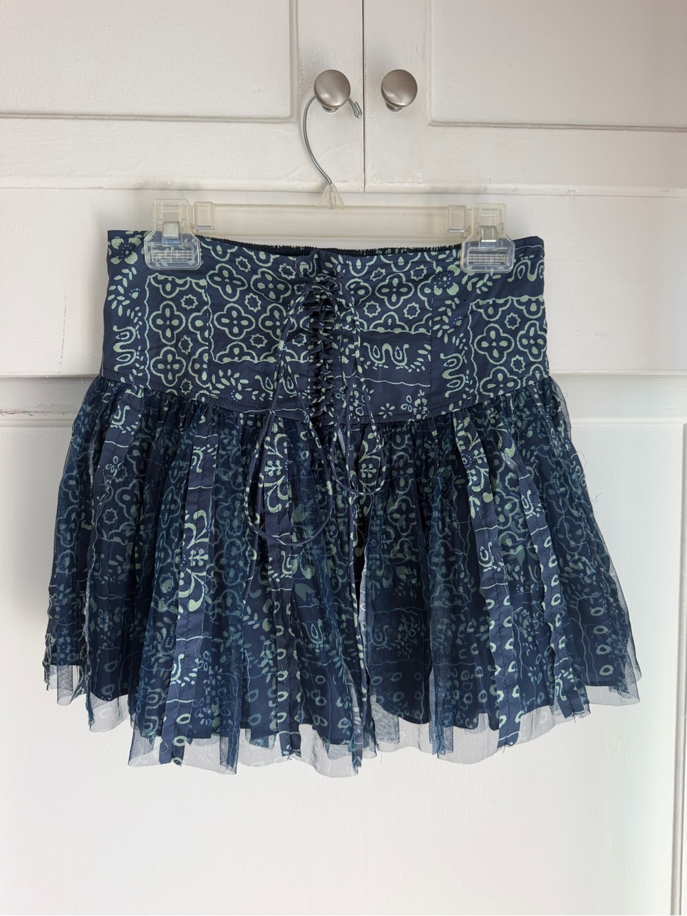 Vici Western Inspired Navy and Light Blue Printed Lace-Up Tiered Mini Skirt